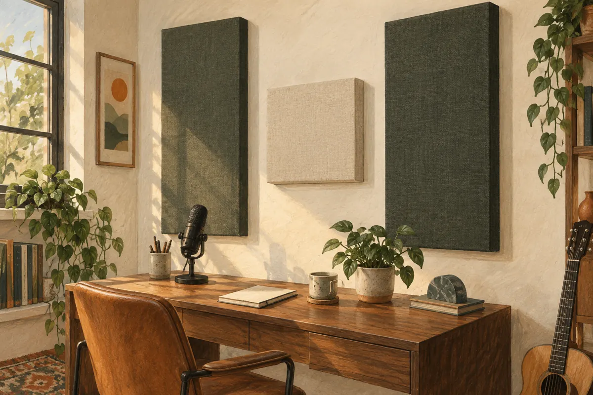 Illustration of rectangular and square fabric acoustic panels around a recording desk