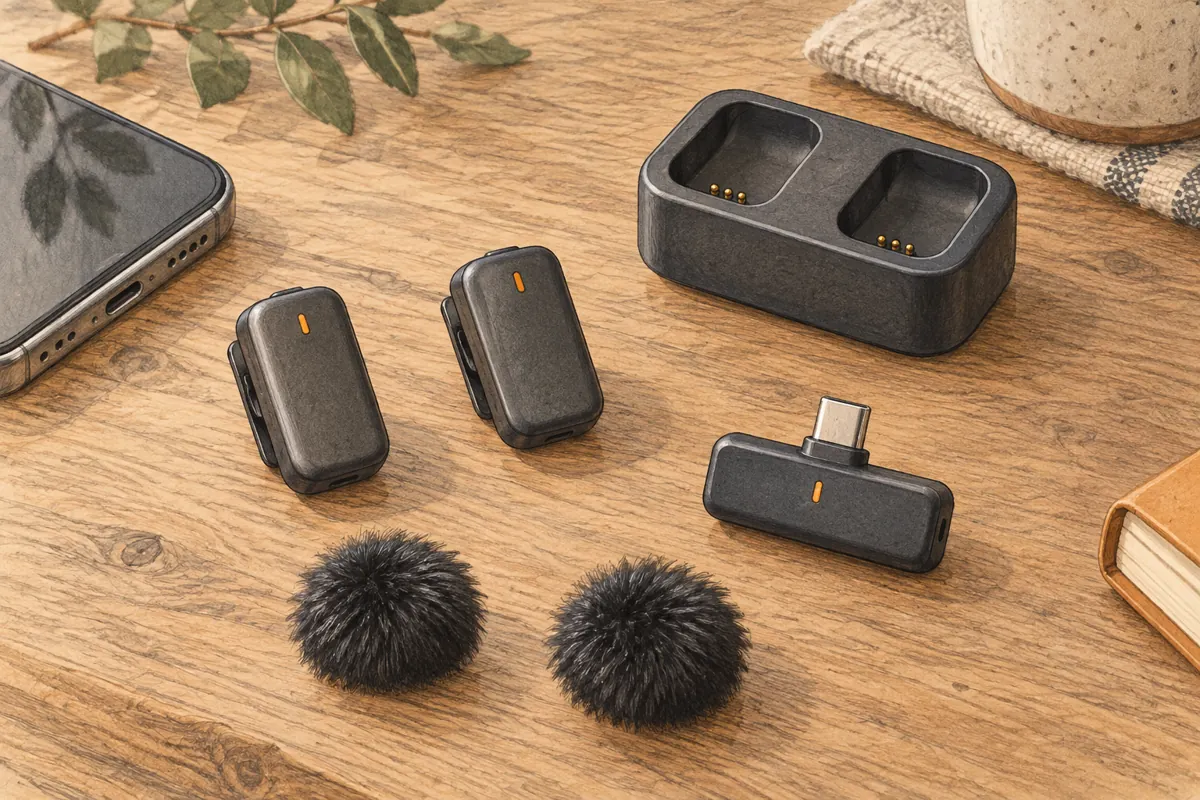 Illustration of two small wireless microphones, a phone receiver and an open charging dock