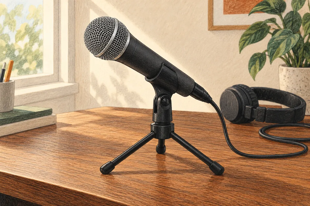 Illustration of a handheld dynamic microphone on a small desk stand